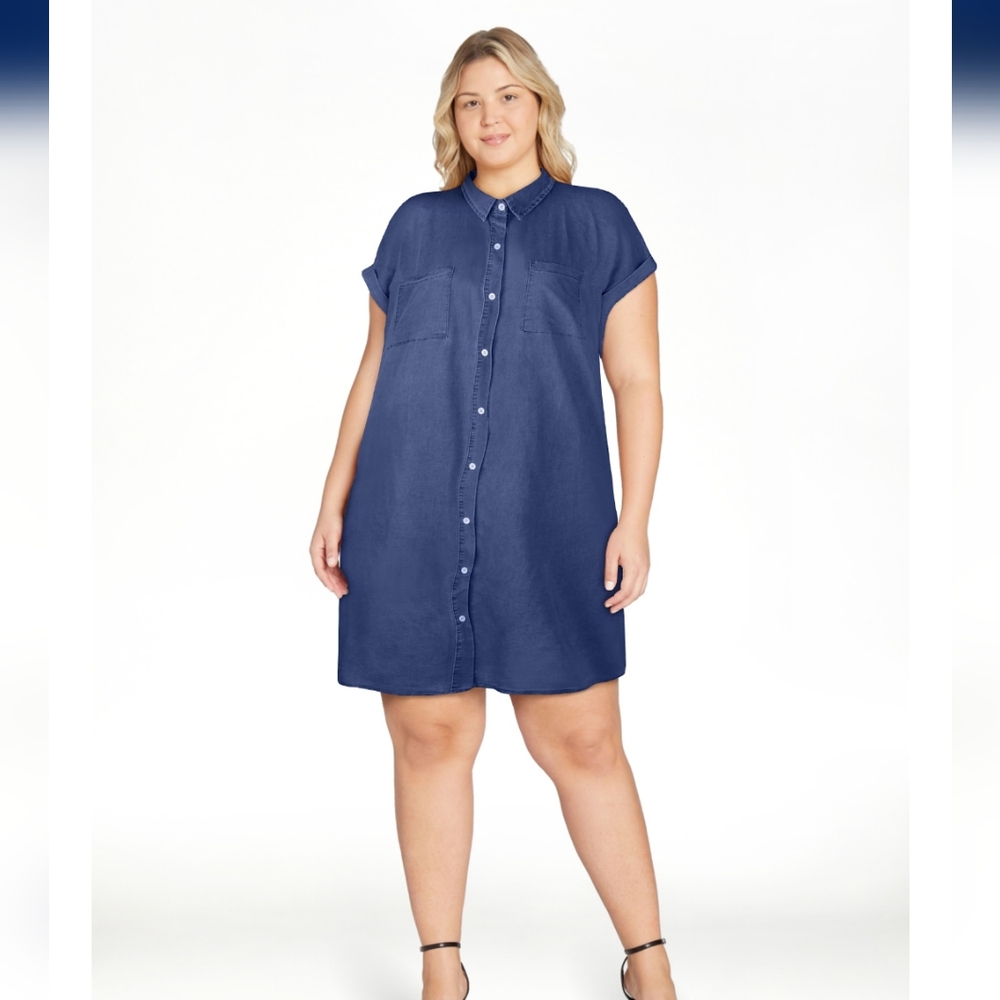 Womens Short Sleeve Loose Jean Midi  Button Down Casual Dark Denim Shirt Dres…